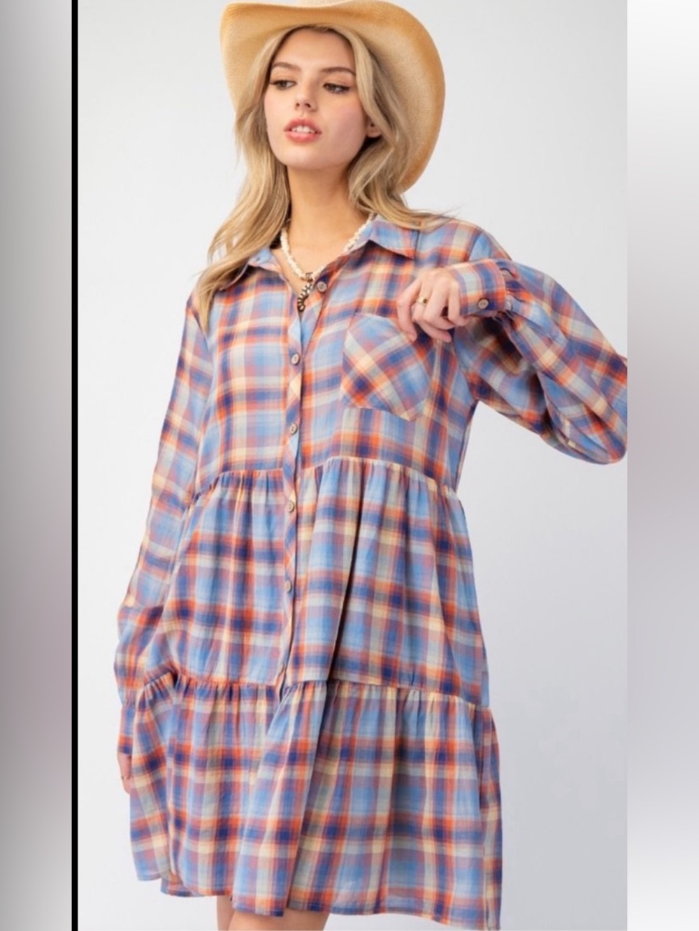 Easel Plaid Tiered Button-Front Shirt Dress
